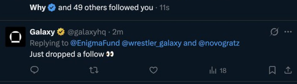Galaxy HQ (@galaxyhq) replying "Just dropped a follow" to @wrestler_galaxy and @novogratz